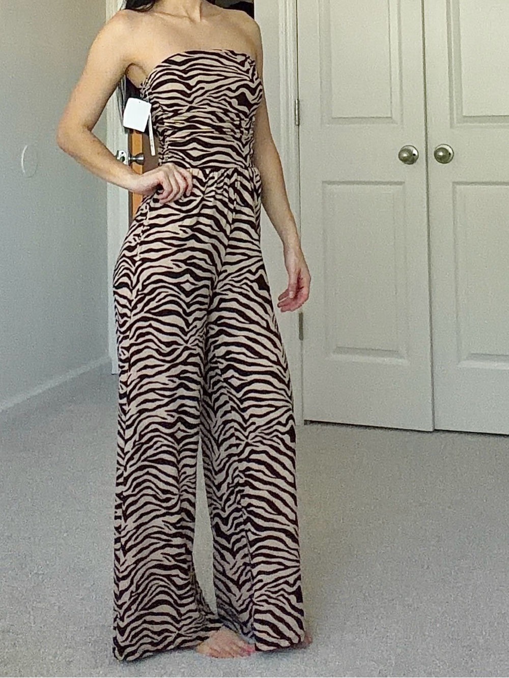 Strapless Zebra-Print Wide-Leg Jumpsuit - Beige/Black